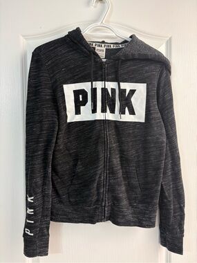 PINK Victoria's Secret Black Zip-Up Hoodie with White Logo